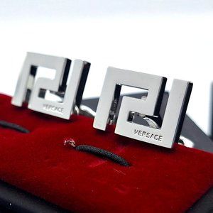 Versace  Greek Key Geometric Pattern Silver Cuff Links with Cufflink Box